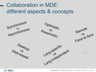 COMMitMDE at MoDELS 2016 – Saint-Malo, October 4, 2016
7Collaboration in MDE:
different aspects & concepts
 