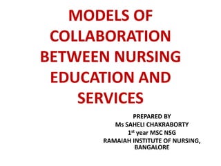 MODELS OF
COLLABORATION
BETWEEN NURSING
EDUCATION AND
SERVICES
PREPARED BY
Ms SAHELI CHAKRABORTY
1st year MSC NSG
RAMAIAH INSTITUTE OF NURSING,
BANGALORE
 