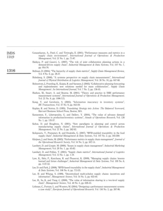 IMDS    Gunasekaran, A., Patel, C. and Tirtiroglu, E. (2001), “Performance measures and metrics in a
              supply chain environment”, International Journal of Operations & Production
110,9         Management, Vol. 21 No. 1, pp. 71-87.
        Hadaya, P. and Cassivi, L. (2007), “The role of joint collaboration planning actions in a
              demand-driven supply chain”, Industrial Management & Data Systems, Vol. 107 No. 7,
              pp. 954-78.
1316    Hofman, D. (2004), “The hierarchy of supply chain metrics”, Supply Chain Management Review,
              Vol. 8 No. 6, pp. 28-37.
        Holmberg, S. (2000), “A systems perspective on supply chain measurements”, International
              Journal of Physical Distribution & Logistics Management, Vol. 30 No. 10, pp. 847-68.
        Holmstrom, J., Framling, K., Kaipia, R. and Saranen, J. (2002), “Collaborative planning forecasting
              and replenishment: new solutions needed for mass collaboration”, Supply Chain
              Management: An International Journal, Vol. 7 No. 3, pp. 136-45.
        Hudson, M., Smart, A. and Bourne, M. (2001), “Theory and practice in SME performance
              measurement systems”, International Journal of Operations & Production Management,
              Vol. 21 No. 8, pp. 1096-115.
        Kang, Y. and Gershwin, S. (2005), “Information inaccuracy in inventory systems”,
              IIE Transactions, Vol. 37 No. 9, pp. 843-59.
        Kaplan, R. and Norton, D. (1995), Translating Strategy into Action: The Balanced Scorecard,
              Harvard Business School Press, Boston, MA.
        Karaesmen, F., Liberopoulos, G. and Dallery, Y. (2004), “The value of advance demand
              information in production/inventory systems”, Annals of Operations Research, Vol. 126
              No. 1, pp. 135-57.
        Kehoe, D. and Boughton, N. (2001), “New paradigms in planning and control across
              manufacturing supply chains”, International Journal of Operations & Production
              Management, Vol. 21 No. 5, pp. 582-93.
        Kelepouris, T., Pramatari, K. and Doukidis, G. (2007), “RFID-enabled traceability in the food
              supply chain”, Industrial Management & Data Systems, Vol. 107 No. 2, pp. 183-200.
        Kleijnen, J. and Smits, M. (2003), “Performance metrics in supply chain management”, Journal of
              the Operational Research Society, Vol. 54 No. 5, pp. 507-14.
        Lambert, D. and Cooper, M. (2000), “Issues in supply chain management”, Industrial Marketing
              Management, Vol. 29 No. 1, pp. 65-83.
        Lambert, D. and Pohlen, T. (2001), “Supply chain metrics”, International Journal of Logistics
              Management, Vol. 12 No. 1, pp. 1-19.
        Law, K., Helo, P., Kanchana, R. and Phusavat, K. (2009), “Managing supply chains: lessons
              learned and future challenges”, Industrial Management & Data Systems, Vol. 109 No. 8,
              pp. 1137-52.
        Lee, D. and Park, J. (2008), “RFID-based traceability in the supply chain”, Industrial Management
              & Data Systems, Vol. 108 No. 6, pp. 713-25.
        Lee, H. and Whang, S. (1999), “Decentralised multi-echelon supply chains: incentives and
              information”, Management Science, Vol. 54 No. 5, pp. 633-40.
        Lee, H., So, K. and Tang, C. (2000), “The value of information sharing in a two-level supply
              chain”, Management Science, Vol. 46 No. 5, pp. 626-43.
        Lohman, C., Fortuin, L. and Wouters, M. (2004), “Designing a performance measurement system:
              a case study”, European Journal of Operational Research, Vol. 156 No. 2, pp. 267-86.
 
