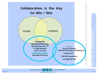 Collaboration is the Key
                   for Win / Win




                                                                                         Collaboration is the Key
              Kunde                        Lieferant



                          Gerhard Ritz
                      Managementberatung
                      Michael-Braun-Str. 15                    Holland
                        D 73540 Heubach                    Rob van Serveen
                         +49 (7173) 5619               Demand Planning Consultancy b.v
                       rig@gerhard-ritz.de                   Postbus 9117
                      www.gerhard-ritz.de
                                                          1180 MC Amstelveen.
                                                            +31 (654) 697 876




07.05.2010                     © www.gerhard-ritz.de                                       Seite 31
 