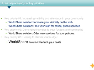 It can help answer your key priorities




• Key priority #1: Increasing visibility and relevance in your community
   – WorldShare solution: Increase your visibility on the web
   – WorldShare solution: Free your staff for critical public services
• Key priority #2: Demonstrating value to your funders and community
   – WorldShare solution: Offer new services for your patrons
• Key priority #3: Helping to stretch your budget
    – WorldShare solution: Reduce your costs
 