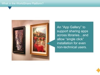 What is the WorldShare Platform?




                                   An ―App Gallery‖ to
                                   support sharing apps
                                   across libraries…and
                                   allow ―single click‖
                                   installation for even
                                   non-technical users.
 
