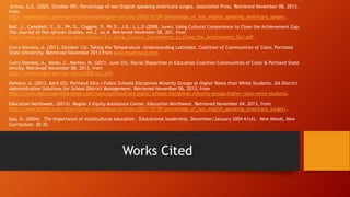 Armas, G.C. (2003, October 09). Percentage of non-English speaking Americans surges. Associated Press. Retrieved November 08, 2013,
from
http://www.boston.com/news/nation/washington/articles/2003/10/09/percentage_of_non_english_speaking_americans_surges/.
Ball, J., Campbell, S., D., Ph. D., Coggins, P., Ph.D., J.D., L.L.D (2008, June). Using Cultural Competence to Close the Achievement Gap.
The Journal of Pan African Studies, vol.2, no.4. Retrieved November 08, 201, from
http://www.jpanafrican.com/docs/vol2no4/2.4_Using_Cultural_Competence_to_Close_the_Achievement_Ga1.pdf.
Curry-Stevens, A. (2013, October 13). Taking the Temperature –Understanding Latinidad. Coalition of Communities of Color, Portland
State University. Retrieved November 2013 from www.howlround.com.
Curry-Stevens, A., Meier, J., Morton, M. (2011, June 03). Racial Disparities in Education Coalition Communities of Color & Portland State
Unicity. Retrieved November 08, 2013, from
http://www.oregon.gov/gov/docs/OEIB/ccc.pdf.
DeNisco, A. (2013, April 03). Portland (Ore.) Public Schools Disciplines Minority Groups at Higher Rates than White Students. DA District
Administration Solutions for School District Management. Retrieved November 06, 2013, from
http://www.districtadministration.com/news/portland-ore-public-schools-disciplines-minority-groups-higher-rates-white-students.
Education Northwest. (2013). Region X Equity Assistance Center. Education Northwest. Retrieved November 04, 2013, from
http://www.boston.com/news/nation/washington/articles/2003/10/09/percentage_of_non_english_speaking_americans_surges/.
Gay, G. (2004). The importance of multicultural education. Educational leadership. December/January 2004 61(4). New Needs, New
Curriculum. 30-35.

Works Cited

 