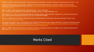 Mordechai, G.(2004). Multicultural Education: Moving beyond heroes and holidays. Encounter: Education for Meaning and Social Justice. (17)4.

National Crime Prevention Council. (2013). Strategy: Diversity and Tolerance Education in Schools. National Crime Prevention
Association. Retrieved November 03, 2013, from http://www.ncpc.org/topics/bullying/strategies/strategy-diversity-and-toleranceeducation-in-schools.
Nieto, S. (2001). Multicultural education and school reform. . In E. F. Provenzo
(Ed.), Critical issues in education: An anthology of readings, 228-244. CA: Sage Publications, Inc.
Okoyo-Johnson, O. (2011). Does multicultural education improve student’ racial attitudes? Implication for closing the achievement
gap. Journal of Black Studies 42(8) 1252-1274. Doi: 10.1177/0021934711408901.
Orfield, G. (2008). Race and Schools: The Need for Action. National Education Association. Retrieved November 07, 2013, from
http://www.nea.org/home/13054.htm.
The Wallace Foundation. (2013). The Principal’s tory: Closing The Achievement Gap: Oregon’s Bold Plan In Closing the Achievement Gap.
The Wallace Foundation. Retrieved November 08, 2013, from http://www.wallacefoundation.org/principal-story/vignettes-and-

conversation-guides/Pages/developing-competent-education-leaders.aspx.

Webb, M. (2005). Multicultural Education in Elementary Schools and Secondary Schools. Eric Digest, No. 64. Retrieved November 06,
2013, from http://www.ericdigests.org/pre-9218/secondary.htm.

Works Cited

 