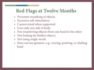 Red Flags at Twelve Months
•   Persistent mouthing of objects
•   Excessive self-stimulation
•   Cannot stand when support...