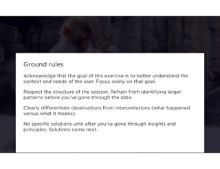 Ground rules 
Acknowledge that the goal of this exercise is to better understand the 
context and needs of the user. Focus solely on that goal. 
Respect the structure of the session. Refrain from identifying larger 
patterns before you’ve gone through the data. 
Clearly differentiate observations from interpretations (what happened 
versus what it means). 
No specific solutions until after you’ve gone through insights and 
principles. Solutions come next. 
 