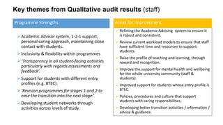 Key themes from Qualitative audit results (staff)
➢Academic Advisor system, 1-2-1 support,
personal caring approach, maintaining close
contact with students.
➢Inclusivity & flexibility within programmes
➢‘Transparency in all student-facing activities
particularly with regards assessments and
feedback’.
➢Support for students with different entry
profiles (e.g. BTEC).
➢‘Revision programmes for stages 1 and 2 to
ease the transition into the next stage.’
➢Developing student networks through
activities across levels of study.
➢ Refining the Academic Advising system to ensure it
is robust and consistent.
➢ Review current workload models to ensure that staff
have sufficient time and resources to support
students.
➢ Raise the profile of teaching and learning, through
reward and recognition.
➢ Improve the support for mental health and wellbeing
for the whole university community (staff &
students).
➢ Improved support for students whose entry profile is
BTEC.
➢ Policies, procedures and culture that support
students with caring responsibilities.
➢ Developing better transition activities / information /
advice & guidance.
Programme Strengths Areas for improvement
 