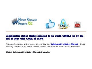 Collaborative Robot Market expected to be worth US$95.0 bn by the
end of 2024 with CAGR of 30.0%
The report analyzes and presents an overview on "Collaborative Robot Market - Global
Industry Analysis, Size, Share, Growth, Trends And Forecast 2016 - 2024" worldwide.
Global Collaborative Robot Market: Overview
 
