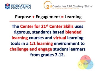 Purpose + Engagement = Learning

The Center for 21st Center Skills uses
rigorous, standards based blended
learning courses and virtual learning
tools in a 1:1 learning environment to
challenge and engage student learners
from grades 7-12.

 