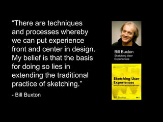 “There are techniques
and processes whereby
we can put experience
front and center in design.
My belief is that the basis
for doing so lies in
extending the traditional
practice of sketching.”
- Bill Buxton

Bill Buxton
Sketching User
Experiences

 