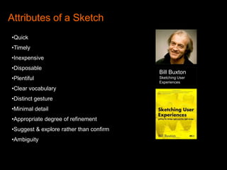 Attributes of a Sketch
•Quick
•Timely
•Inexpensive
•Disposable

•Plentiful
•Clear vocabulary
•Distinct gesture
•Minimal detail
•Appropriate degree of refinement
•Suggest & explore rather than confirm
•Ambiguity

Bill Buxton
Sketching User
Experiences

 
