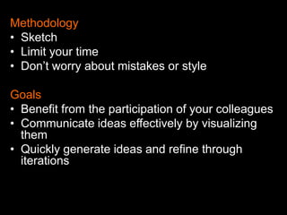 Methodology
• Sketch
• Limit your time
• Don’t worry about mistakes or style
Goals
• Benefit from the participation of your colleagues
• Communicate ideas effectively by visualizing
them
• Quickly generate ideas and refine through
iterations

 