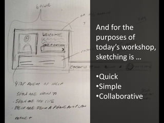 And for the
purposes of
today’s workshop,
sketching is …
•Quick
•Simple
•Collaborative

 