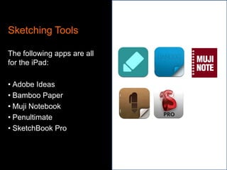 Sketching Tools
The following apps are all
for the iPad:
• Adobe Ideas
• Bamboo Paper
• Muji Notebook
• Penultimate
• SketchBook Pro

 