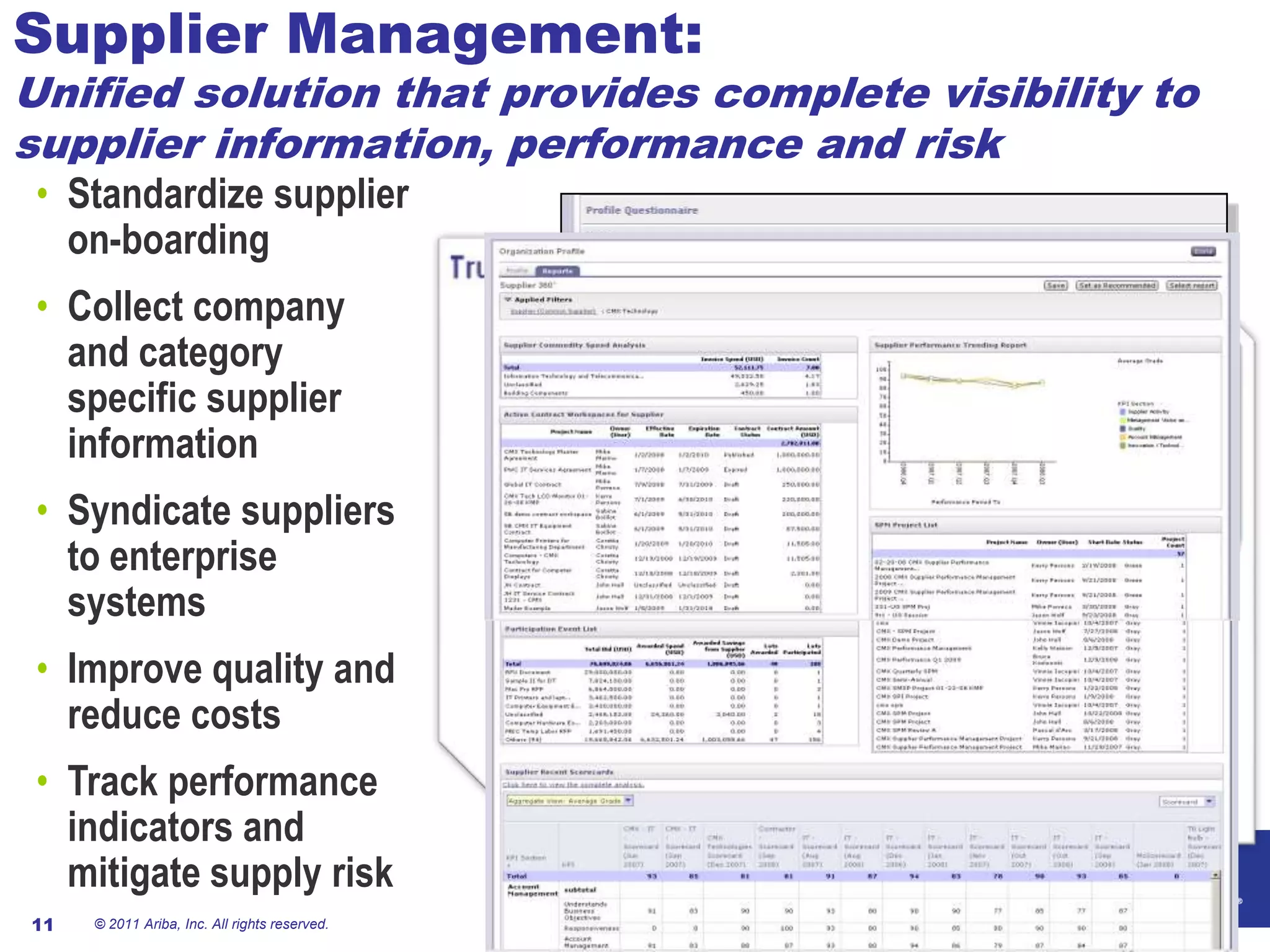 Supplier Management:
Unified solution that provides complete visibility to
supplier information, performance and risk
 • Standardize supplier
   on-boarding
 • Collect company
   and category
   specific supplier
   information
 • Syndicate suppliers
   to enterprise
   systems
 • Improve quality and
   reduce costs
 • Track performance
   indicators and
   mitigate supply risk
11   © 2011 Ariba, Inc. All rights reserved.
 