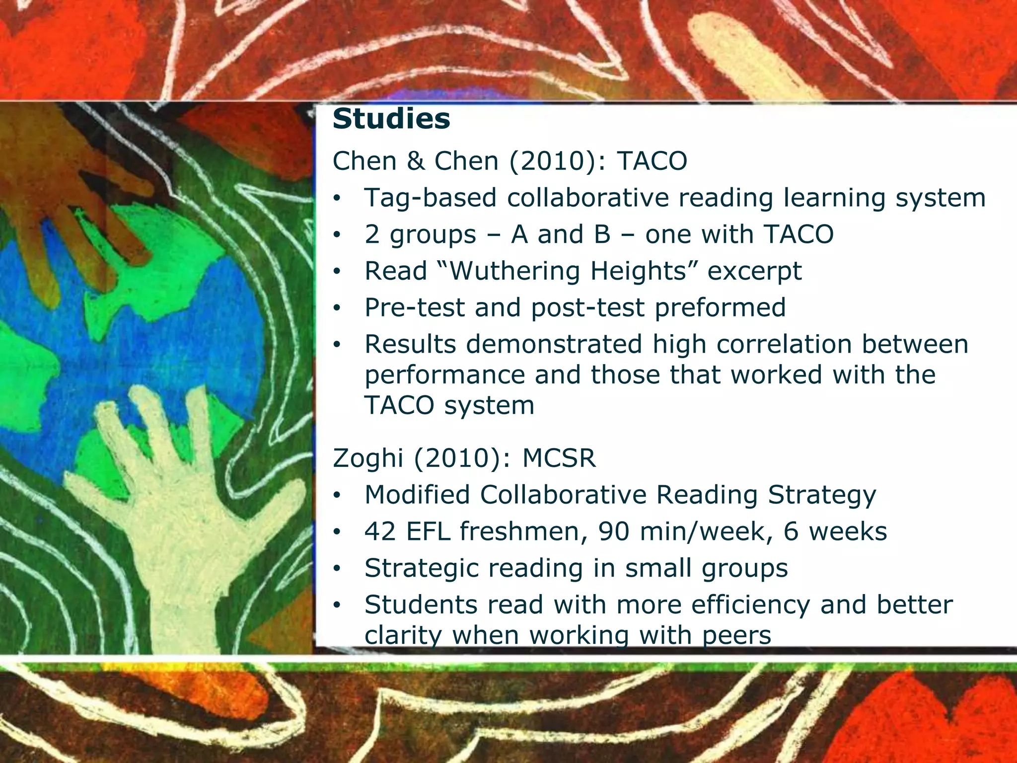 Studies 
Chen & Chen (2010): TACO 
• Tag-based collaborative reading learning system 
• 2 groups – A and B – one with TACO 
• Read “Wuthering Heights” excerpt 
• Pre-test and post-test preformed 
• Results demonstrated high correlation between 
performance and those that worked with the 
TACO system 
Zoghi (2010): MCSR 
• Modified Collaborative Reading Strategy 
• 42 EFL freshmen, 90 min/week, 6 weeks 
• Strategic reading in small groups 
• Students read with more efficiency and better 
clarity when working with peers 
 