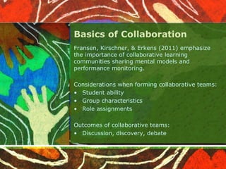Basics of Collaboration 
Fransen, Kirschner, & Erkens (2011) emphasize 
the importance of collaborative learning 
communities sharing mental models and 
performance monitoring. 
Considerations when forming collaborative teams: 
• Student ability 
• Group characteristics 
• Role assignments 
Outcomes of collaborative teams: 
• Discussion, discovery, debate 
 
