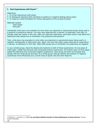 i. Past Experiences with Power20

Objectives:
1. To revisit experiences with power
2. To distinguish elements that contribute to positive or negative feelings about power
3. To create an initial foundation for further discussions of the concept of power

Materials needed:
       Chart paper
       Felt pens

Individually write down one example of a time when you observed or experienced power being used in
a positive or productive manner. You may have observed this in person, on television, from afar, or
actually used your power in this way. After you note this experience, write down what it was about this
experience that caused you to remember it as productive and positive?

Then, write down one example of a time when you observed or experienced power being used in a
negative, disrespectful or destructive way. Again, this may have been power observed or experienced
in person, on television or from afar. Note what caused you to remember this experience as negative.

In your [small] group, share the details and reactions to both of these experiences. On one piece of
chart paper, collate the elements that comprised positive experiences. On another piece of chart paper,
collate the elements that comprised negative experiences. Each group will share its thoughts and
listings with the whole group and post. As a whole group, discuss whether the positive or negative
experiences have influenced your current views of power and why that might be.




20
  McKinley, L. and Ross, H. (2008) You and Others Reflective Practice for Group Effectiveness in Human Services. Toronto:
Pearson Education.
18
 