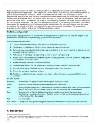 Each person hired to work within a primary health care interprofessional team will eventually have
regular performance appraisals. New employees usually have a probationary period of employment as
part of their employment contracts. When team members are aware that one aspect of their
performance appraisal will be a focus on their contribution to establishing and maintaining effective
collaboration within their team, the overall effect will be to increase the knowledge, skills and aptitudes
within the entire team. It is beyond the scope of the module to suggest a particular method and forms
for performance appraisals. The intention behind the example30 provided is to assist leaders and teams
to consider the ways in which the knowledge, skills and aptitudes for interprofessional care discussed
throughout the module might be incorporated into your performance appraisals. The suggestions
provided can be modified and edited to fit your particular context.

Performance Appraisal

Instructions: Each person who is contributing to the performance appraisal will rate the employee on
the following dimensions using the rating guide provided at the end.

Interprofessional Team Skills
     1. Communicates knowledge and information to other team members
     2. Participates in establishing effective team meetings, case conferences
     3. Demonstrates accountability to the team by contributing to the team meeting its objectives and
        by supporting team decisions
     4. Participates in individual work planning as well as team work planning
     5. Assists other team members with their growth and development, answers questions and pitches
        in to complete the team’s work.
     6. Works with team members to resolve conflicts
     7. Demonstrates respect for the diverse contributions of team members and their roles
     8. Accepts constructive feedback and acts on suggestions for improvement
     9. Arrives for work and meetings on time
     10. Reinforces and acknowledges positive behaviour, performance and successes of other team
         members
RATING SCALE
Excellent:       “Role model” or leader in demonstrating this behaviour/action
Good:            Behaviour/action demonstrated consistently and effectively
Fair:            Developmental Opportunity. Behaviour/action demonstrated with room for improvement.
                 Specific actions to help employee improve their performance will be developed.
Poor             Development is Critical. Behaviour/action is rarely/never/poorly demonstrated;
                 significantly impacts performance. Specific actions to help the employees improve their
                 performance will be developed
N/A              not applicable
Don’t Know       I don’t have enough knowledge to indicate whether behaviour/action is demonstrated




C. Resources

30
   Thanks to Ms. Simone Thibault, Executive Director of Centretown Community Health Centre for providing their performance
appraisal tools which were adapted for this module.
30
 