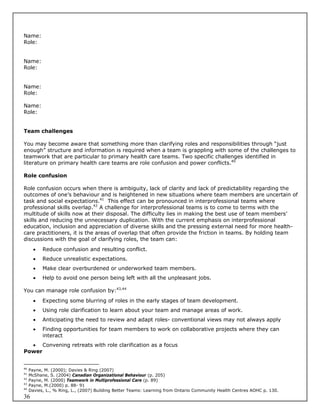 Name:
Role:


Name:
Role:


Name:
Role:

Name:
Role:


Team challenges

You may become aware that something more than clarifying roles and responsibilities through “just
enough” structure and information is required when a team is grappling with some of the challenges to
teamwork that are particular to primary health care teams. Two specific challenges identified in
literature on primary health care teams are role confusion and power conflicts.40

Role confusion

Role confusion occurs when there is ambiguity, lack of clarity and lack of predictability regarding the
outcomes of one’s behaviour and is heightened in new situations where team members are uncertain of
task and social expectations.41 This effect can be pronounced in interprofessional teams where
professional skills overlap.42 A challenge for interprofessional teams is to come to terms with the
multitude of skills now at their disposal. The difficulty lies in making the best use of team members’
skills and reducing the unnecessary duplication. With the current emphasis on interprofessional
education, inclusion and appreciation of diverse skills and the pressing external need for more health-
care practitioners, it is the areas of overlap that often provide the friction in teams. By holding team
discussions with the goal of clarifying roles, the team can:
          Reduce confusion and resulting conflict.
          Reduce unrealistic expectations.
          Make clear overburdened or underworked team members.
          Help to avoid one person being left with all the unpleasant jobs.

You can manage role confusion by:43,44
          Expecting some blurring of roles in the early stages of team development.
          Using role clarification to learn about your team and manage areas of work.
          Anticipating the need to review and adapt roles- conventional views may not always apply
          Finding opportunities for team members to work on collaborative projects where they can
           interact
   Convening retreats with role clarification as a focus
Power


40
     Payne, M. (2000); Davies & Ring (2007)
41
     McShane, S. (2004) Canadian Organizational Behaviour (p. 205)
42
     Payne, M. (2000) Teamwork in Multiprofessional Care (p. 89)
43
     Payne, M.(2000) p. 88- 91
44
     Davies, L., % Ring, L., (2007) Building Better Teams: Learning from Ontario Community Health Centres AOHC p. 130.
36
 