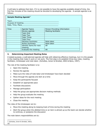 it will take to address that item. If it is not possible to have the agenda available ahead of time, the
first few minutes of the meeting should be devoted to developing the agenda. A sample agenda is as
follows:

Sample Meeting Agenda61

Team_____________________________________________
Purpose of meeting__________________________________
Date, Time, Place___________________________________

Time                     Agenda Topics             Person Providing Information
                         Review agenda             Meeting facilitator
                         Topic One
                         Topic Two
                         Topic Three
                         Topic Four
                         Decision Summary          Note taker
                         Action Summary            Note taker
                         Identify Items for next   All
                         meeting
                         Evaluate the meeting      All

3.         Determining Important Meeting Roles
A stated purpose, a well planned agenda will help with obtaining effective meetings, but it is the people
in the meeting that make it work or not work. The first step is to establish three key roles; meeting
facilitator, timekeeper and note taker. (Scholtes, Joiner & Streibel, 2003 & Bens, 1997).

The role of the meeting facilitator is to:
           Open the meeting
           Review the agenda
           Make sure the roles of note taker and timekeeper have been decided
           Move through the agenda one item at a time
           Keep the participants focused
           Establish an appropriate pace
           Facilitate discussions
           Manage participation
           Help the group use appropriate decision making methods
           Help the group evaluate the meeting
           Gather ideas for the next meeting
           Close the meeting

The roles of the timekeeper are to:
           Move the meeting along by keeping track of time during the meeting
           Alert the group when the allotted time or an item is almost up so the team can decide whether
            to continue, or postpone the discussion

The note takers responsibilities are to:


61
     (Scholtes, Joiner & Streibel, 2003).
54
 