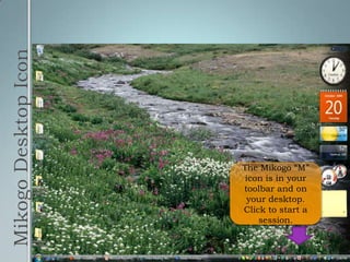 Mikogo Desktop IconThe Mikogo “M” icon is in your toolbar and on your desktop. Click to start a session.