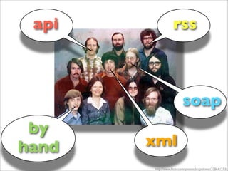 api               rss



                         soap
 by
hand   xml
       http://www.ﬂickr.com/photos/brajeshwar/378641553/
 