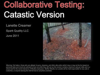 Collaborative Testing:Catastic Version Lanette Creamer Spark Quality LLC June 2011 Warning: Cat haters, those who are allergic to puns, clownery, and other silly antics which may or may not be fun based on personal taste and mood are advised to tune out while they still can as this version contains maximum cats per slide and is a stress test for the meme tolerance of Mozilla employees. Neither Mozilla nor Lanette will be held responsible for any cats in costumes, or anyone leaving the internet due to cat photo overdose. 