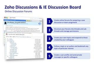 Create online forums for preparing a case
discussion or team assignment
Zoho Discussions & IE Discussion Board
Structure your forums into threads and sub-
threads and manage permissions
Create your own topics and respond to those
created by your colleagues
Follow a topic or an author and bookmark any
topic of particular interest
Create a user profile and send private
messages to specific colleagues
1
2
3
4
5
Online Discussion Forums
 
