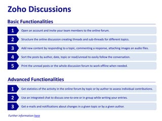 Zoho Discussions
Basic Functionalities
Open an account and invite your team members to the online forum.1
Structure the online discussion creating threads and sub-threads for different topics.2
Add new content by responding to a topic, commenting a response, attaching images an audio files.3
Sort the posts by author, date, topic or read/unread to easily follow the conversation.4
Print the unread posts or the whole discussion forum to work offline when needed.5
Get statistics of the activity in the online forum by topic or by author to assess individual contributions.1
Use an integrated chat to discuss one-to-one or in group while writing your entries.2
Get e-mails and notifications about changes in a given topic or by a given author.3
Advanced Functionalities
Further information here
 