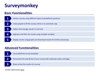 Surveymonkey
Basic Functionalities
Create a survey using different types of predefined questions1
Invite people to fill the survey online in an automatic way2
Gather and manage results in real time3
Segment and filter the results using multiple variables4
Display results using graphs and download results for further processing5
Use predefined survey templates1
Personalize the look & feel of your survey with corporate colors and logos2
Share online the results of a survey3
Advanced Functionalities
Further information here
 
