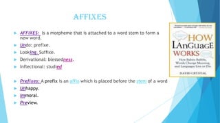 AFFIXES


AFFIXES: Is a morpheme that is attached to a word stem to form a
new word.



Undo: prefixe.



Looking. Suffixe.



Derivational: blessedness.



Inflectional: studied



Prefixes: A prefix is an affix which is placed before the stem of a word



Unhappy.



Immoral.



Preview.

 