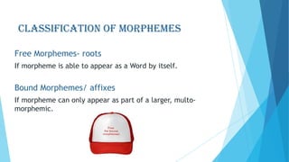 CLASSIFICATION OF MORPHEMES
Free Morphemes- roots
If morpheme is able to appear as a Word by itself.

Bound Morphemes/ affixes
If morpheme can only appear as part of a larger, multomorphemic.

 