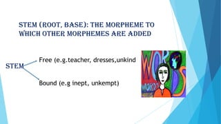 Stem (root, base): The morpheme to
which other morphemes are added

Stem

Free (e.g.teacher, dresses,unkind

Bound (e.g inept, unkempt)

 