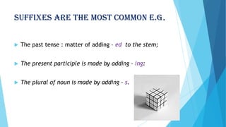 SUFFIXES ARE THE MOST COMMON E.G.


The past tense : matter of adding – ed to the stem;



The present participle is made by adding – ing:



The plural of noun is made by adding – s.

 