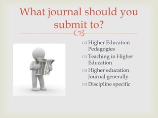 
What journal should you
submit to?
 Higher Education
Pedagogies
 Teaching in Higher
Education
 Higher education
Journal generally
 Discipline specific
 