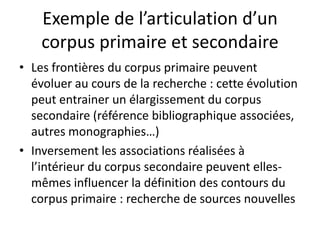 Exemple de l’articulation d’un
corpus primaire et secondaire
• Les frontières du corpus primaire peuvent
évoluer au cours de la recherche : cette évolution
peut entrainer un élargissement du corpus
secondaire (référence bibliographique associées,
autres monographies…)
• Inversement les associations réalisées à
l’intérieur du corpus secondaire peuvent ellesmêmes influencer la définition des contours du
corpus primaire : recherche de sources nouvelles

 