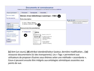 (c) item (un cours), (d) attribut standard/valeur (auteur, dernière modification…) (e)
ressource documentaire (ici des transparents). Les « Tags » permettent aux
utilisateurs de proposer d’autres sous-thèmes selon une méthode « ascendante ».
Ceux-ci peuvent ensuite être intégrés aux ontologies sémiotiques associées aux
points de vue.

 