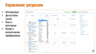 Управление ресурсами
• Категоризация
• Доступ в Базе
знаний
• Поиск и
фильтрация
• Импорт и
автоматическое
преобразование
 