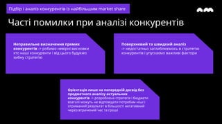 Часті помилки при аналізі конкурентів
Неправильне визначення прямих
конкурентів -> робимо невірні висновки
хто наші конкуренти і від цього будуємо
хибну стратегію
Поверхневий та швидкий аналіз
-> недостатньо заглиблюємось в стратегію
конкурентів і упускаємо важливі фактори
Підбір і аналіз конкурентів із найбільшим market share
Орієнтація лише на попередній досвід без
предметного аналізу актуальних
конкурентів -> розроблена стратегія і бюджети
взагалі можуть не відповідати потребам ніші і
отриманий результат в більшості негативний
через втрачений час та гроші
 