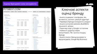 · Аналіз соцмереж: платформи, вік,
активність, контент, реакція аудиторії
· Перевірка бренда конкурента у видачі
· Аналіз connected websites (BuiltWith):
технології, зв’язки
· Перегляд скарг у Google та їх вплив
· Наявність додатку (через
SensorTower), ТМ, частота пошуку
бренду
· Аналіз лінків з бренд-анкором та
відгуків (рев’ю, Google My Business)
Ключові аспекти
оцінці бренду
Оцінка брендової сили конкурента
 