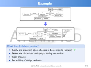 Example




What does Collaboro provide?
    Justify and argument about changes in Ecore models (Eclipse)
    Record the d...