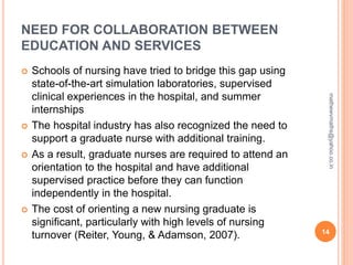 NEED FOR COLLABORATION BETWEEN
EDUCATION AND SERVICES
 Schools of nursing have tried to bridge this gap using
state-of-the-art simulation laboratories, supervised
clinical experiences in the hospital, and summer
internships
 The hospital industry has also recognized the need to
support a graduate nurse with additional training.
 As a result, graduate nurses are required to attend an
orientation to the hospital and have additional
supervised practice before they can function
independently in the hospital.
 The cost of orienting a new nursing graduate is
significant, particularly with high levels of nursing
turnover (Reiter, Young, & Adamson, 2007). 14
mathewvmaths@yahoo.co.in
 