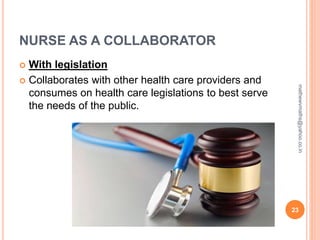 NURSE AS A COLLABORATOR
 With legislation
 Collaborates with other health care providers and
consumes on health care legislations to best serve
the needs of the public.
23
mathewvmaths@yahoo.co.in
 