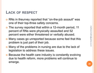 LACK OF RESPECT
 RNs in theurvey reported that “on-the-job assault” was
one of their top-three safety concerns.
 The survey reported that within a 12-month period, 11
percent of RNs were physically assaulted and 52
percent were either threatened or verbally abused.
 Many cases go unreported because some feel that this
problem is just part of their job.
 Many of the problems in nursing are due to the lack of
legislation to address these issues.
 Because the health care industry is constantly evolving
due to health reform, more problems will continue to
emerge.
29
mathewvmaths@yahoo.co.in
 