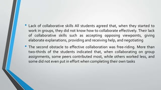 • Lack of collaborative skills All students agreed that, when they started to
work in groups, they did not know how to collaborate effectively. Their lack
of collaborative skills such as accepting opposing viewpoints, giving
elaborate explanations, providing and receiving help, and negotiating
• The second obstacle to effective collaboration was free-riding. More than
two-thirds of the students indicated that, when collaborating on group
assignments, some peers contributed most, while others worked less, and
some did not even put in effort when completing their own tasks
 