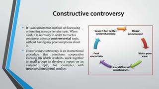 Constructive controversy
• It is an uncommon method of discussing
or learning about a certain topic. When
used, it is normally in order to reach a
consensus about a controversial topic,
without having any preconceptions about
it.
• Constructive controversy is an instructional
procedure that combines cooperative
learning (in which students work together
in small groups to develop a report on an
assigned topic, for example) with
structured intellectual conflict .
 