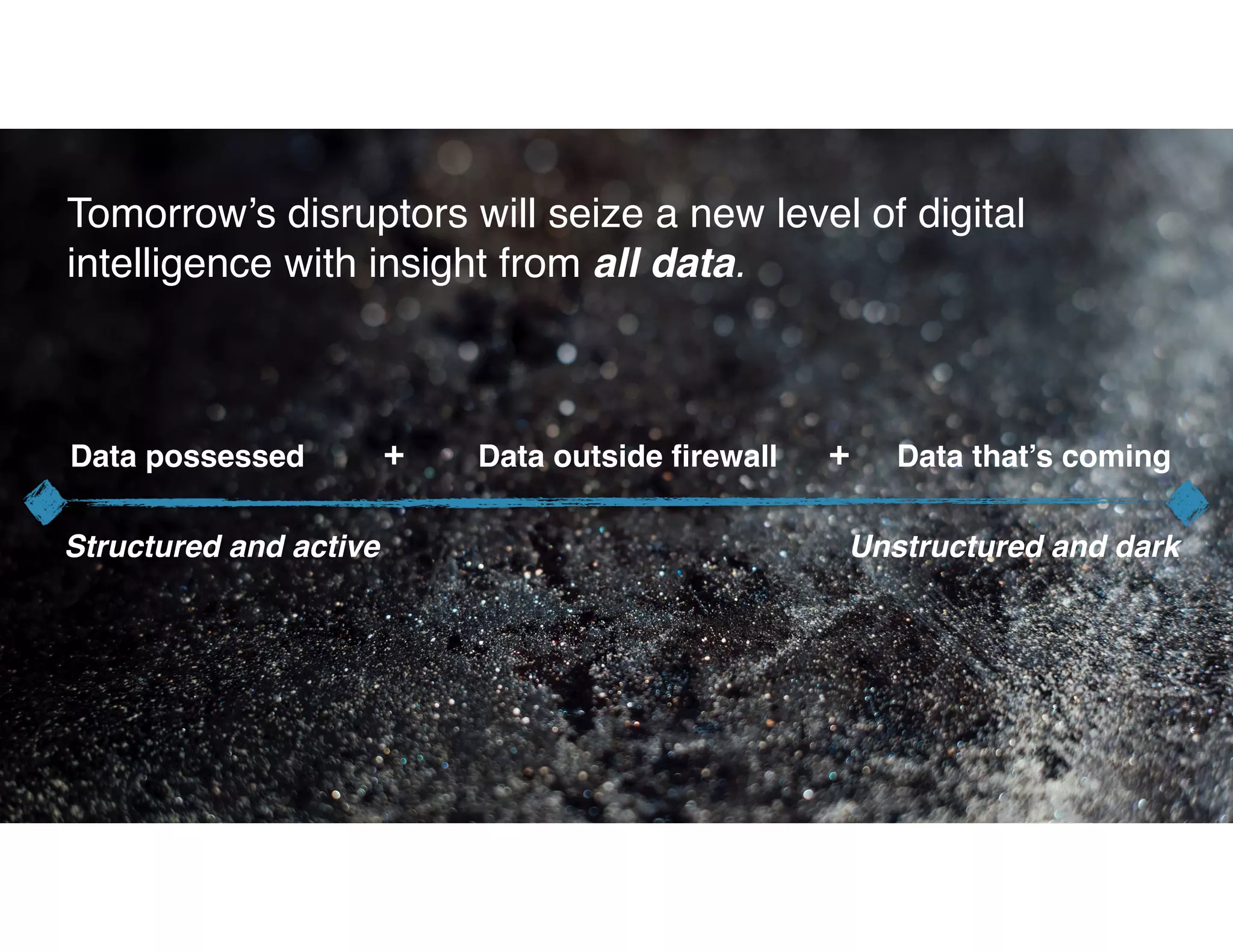 4
Tomorrow’s disruptors will seize a new level of digital
intelligence with insight from all data.
Data possessed Data outside firewall Data that’s coming
Structured and active Unstructured and dark
+ +
 