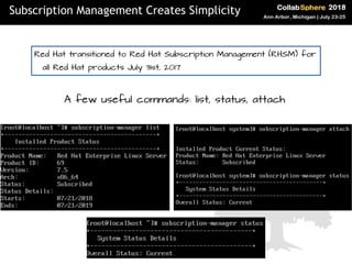 A few useful commands: list, status, attach
Red Hat transitioned to Red Hat Subscription Management (RHSM) for
all Red Hat...