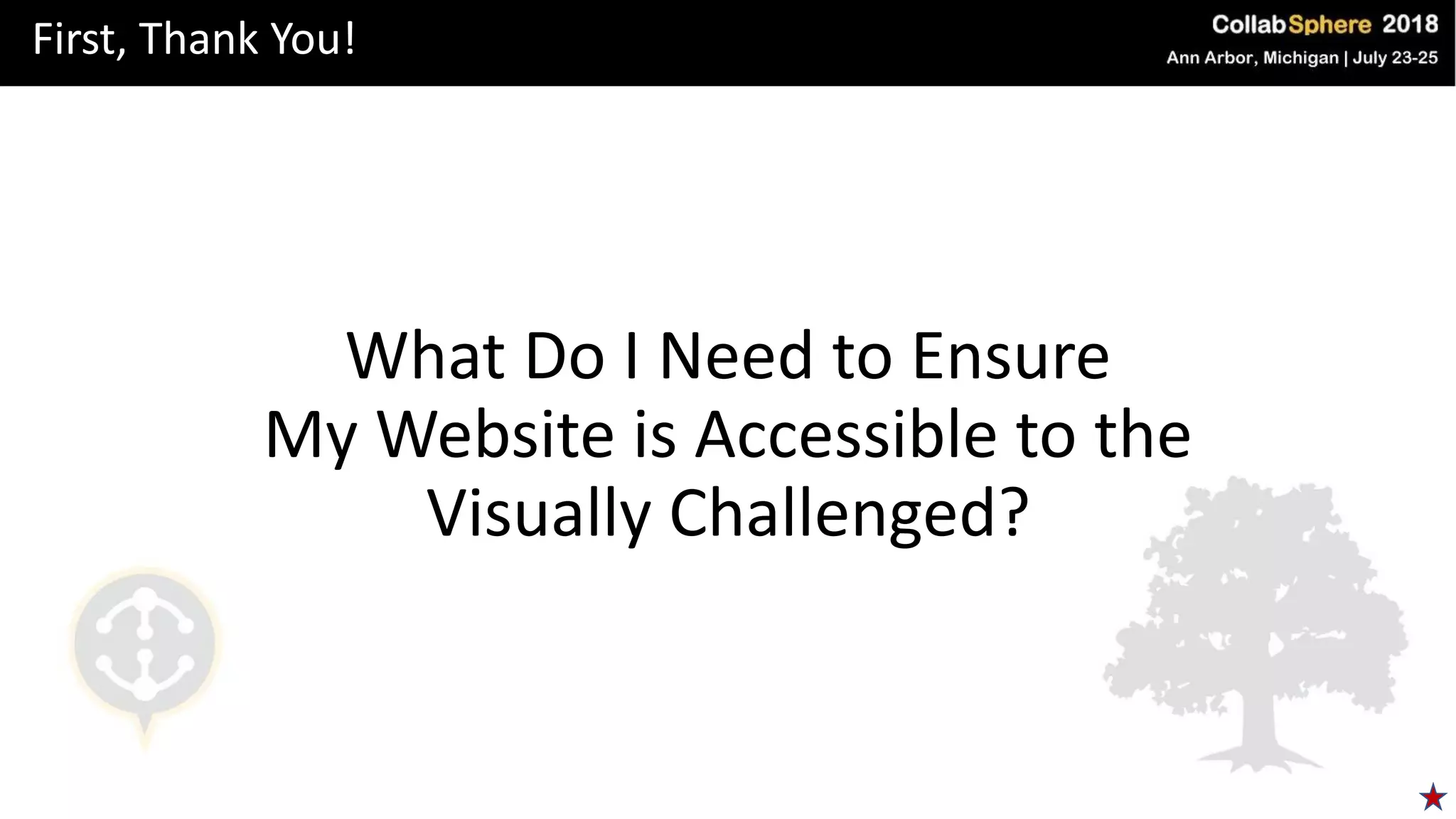 First, Thank You!
What Do I Need to Ensure
My Website is Accessible to the
Visually Challenged?
 